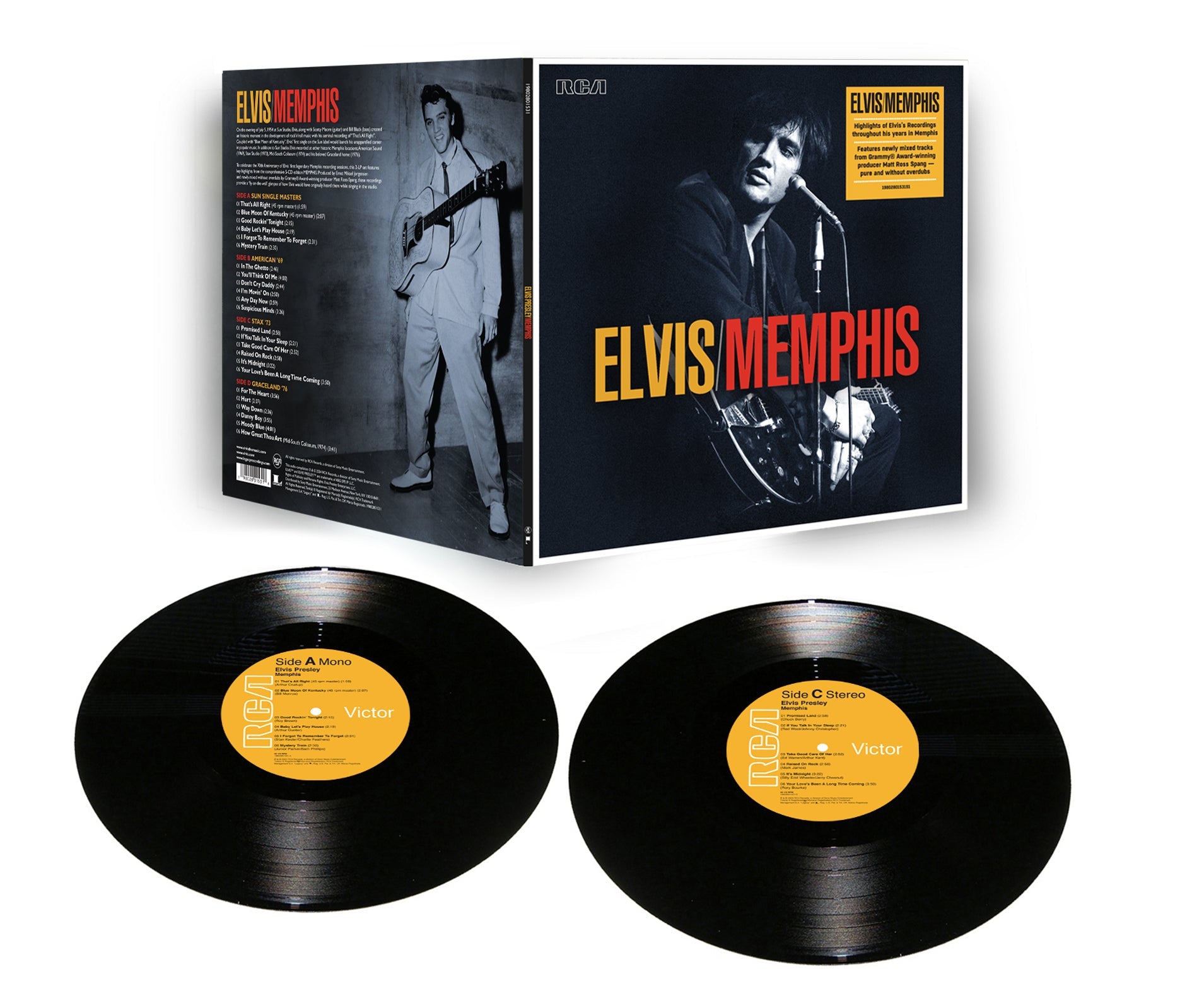 Elvis Presley "Memphis" vinyl record with black cover and two records.