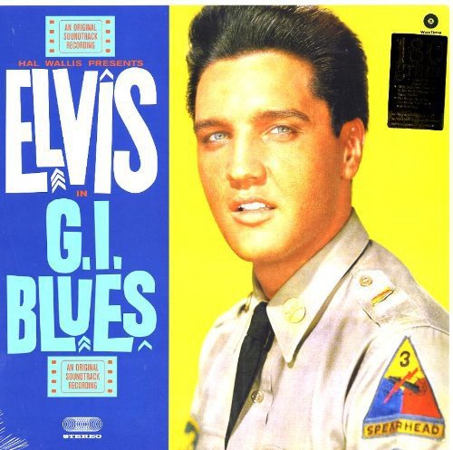 Elvis Presley’s “G.I. Blues” vinyl record cover, featuring him in uniform.