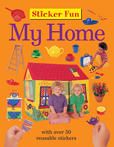 Children with a toy house and colorful stickers on an orange background.