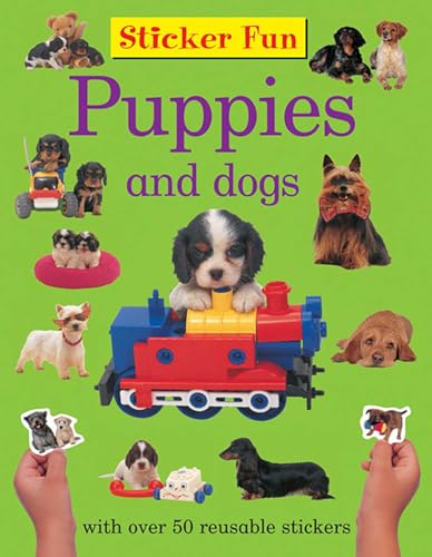 A green sticker book cover featuring various puppies and dogs with a toy train.