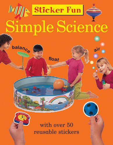Children and science-themed stickers on an orange book cover.
