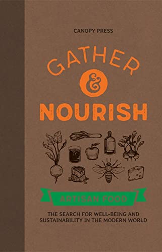 Book cover: "Gather & Nourish" with illustrations of food and a bee.