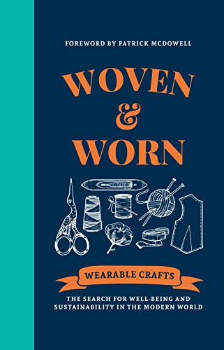 Book cover with title “Woven & Worn” and crafting illustrations.