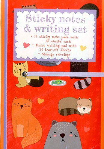 Red stationery set with illustrated cats, sticky notes, and writing pads.