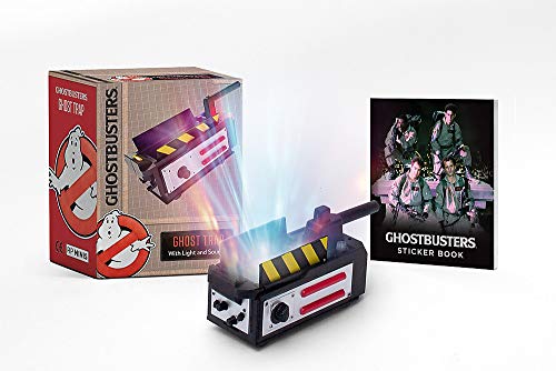 Ghostbusters ghost trap toy with packaging and a matching sticker book.