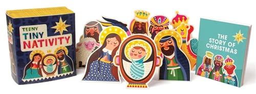 Colorful cardboard nativity scene with figures and a storybook.
