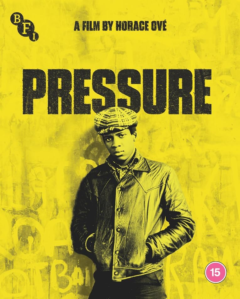 Yellow Blu-ray cover for "Pressure" featuring a young man in a cap and jacket.