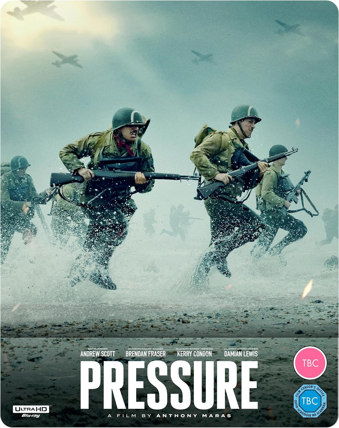Soldiers running on a beach during wartime, movie cover art.