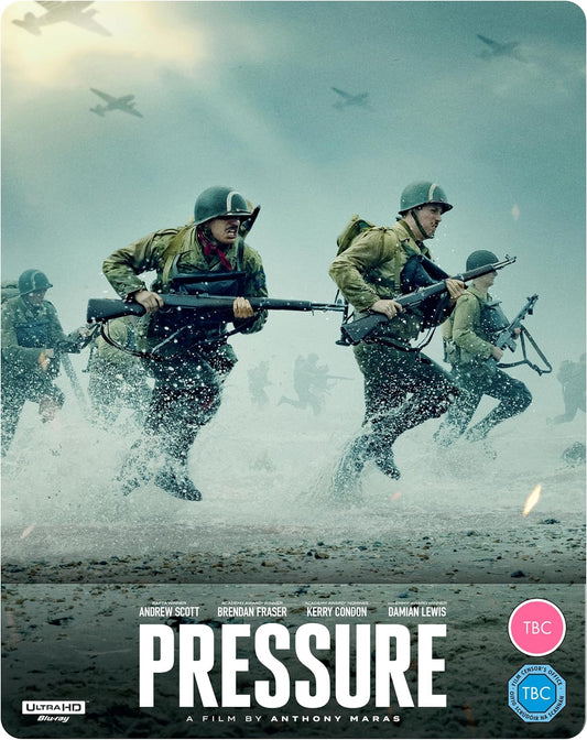 Soldiers running on a beach during wartime, movie cover art.