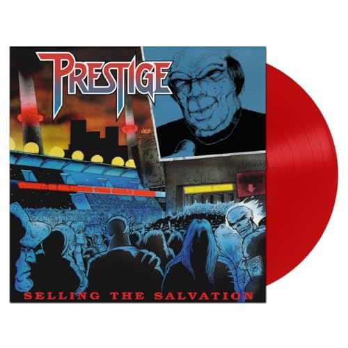 Red vinyl record with album cover featuring a portrait and cityscape.