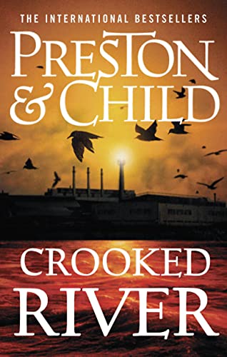 Book cover for Crooked River showing a sunset over water with birds and buildings.