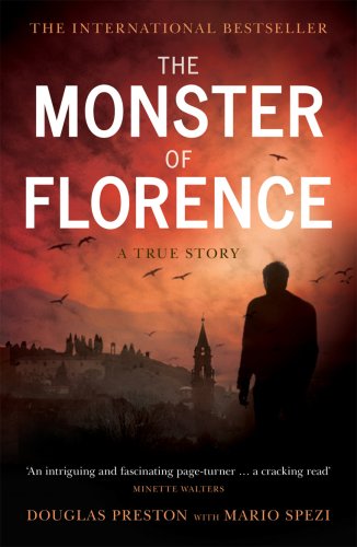 Book cover: "The Monster of Florence" with a silhouetted figure and city skyline.