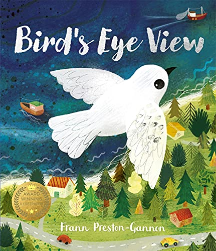 Book cover: white bird flying over a colorful landscape and town.