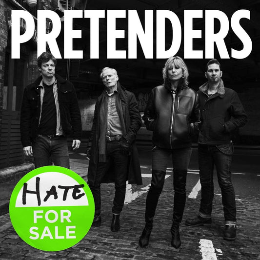 "Album cover with four band members and 'Hate for Sale' text on a green circle."