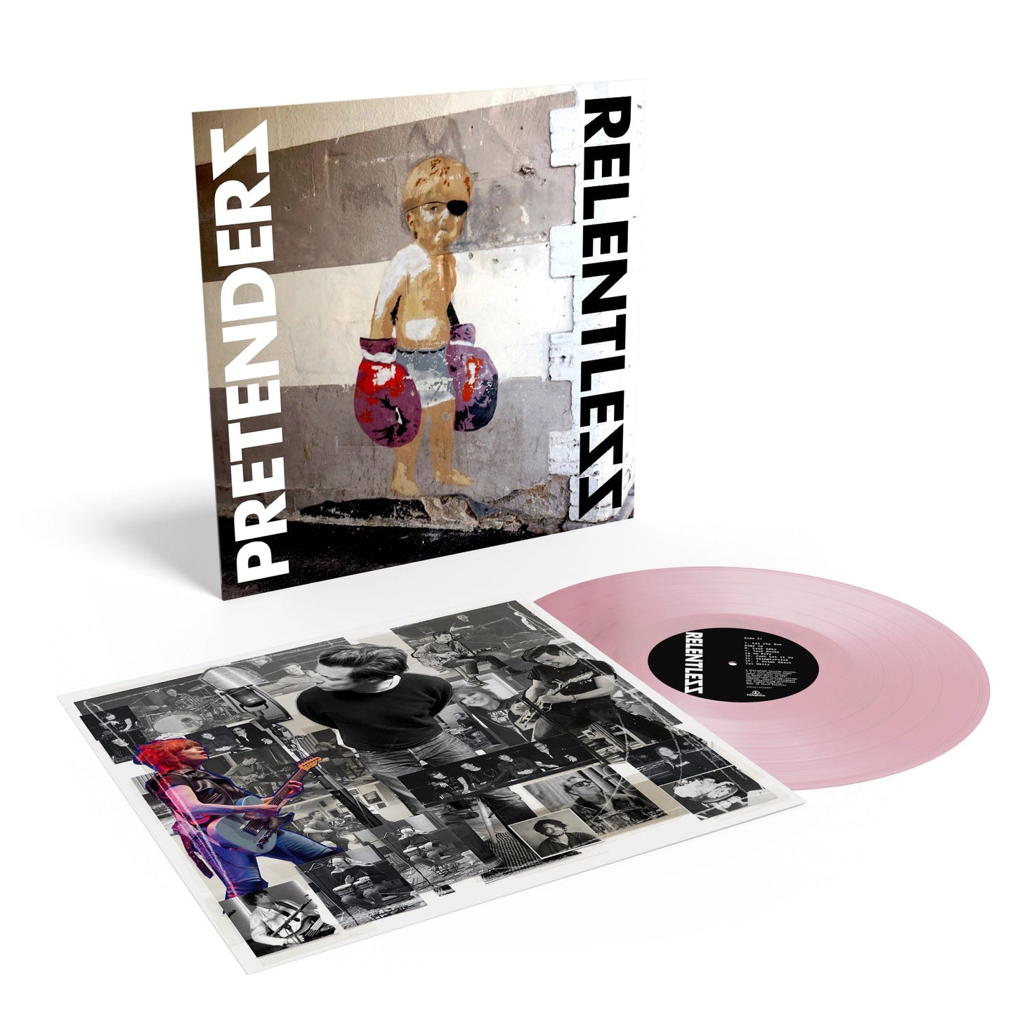 "Pink vinyl record with 'Relentless' label and album cover featuring a boxer."