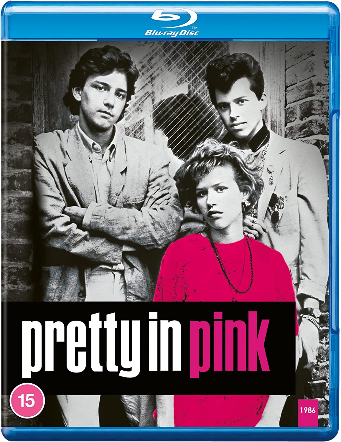"Blu-ray case with black and white image of three people and pink title overlay."