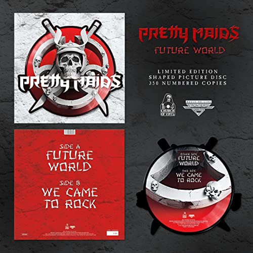 Pretty Maids "Future World" vinyl record with skull and crossbones design.