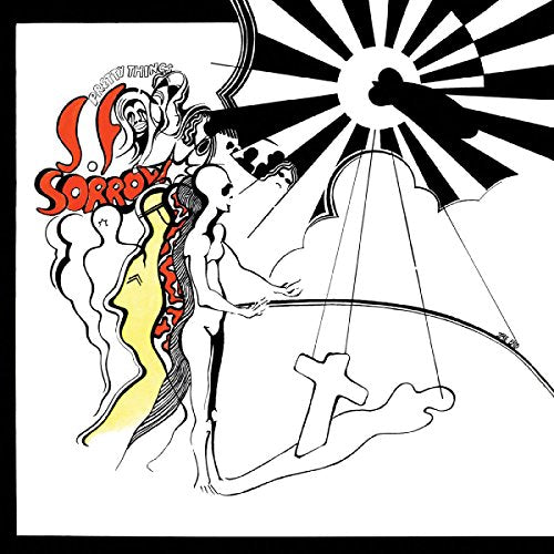 Black and white line art of figures with red and yellow accents.