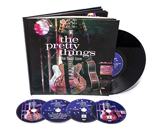 A hardbound book, a black vinyl record, and four discs on a white background.