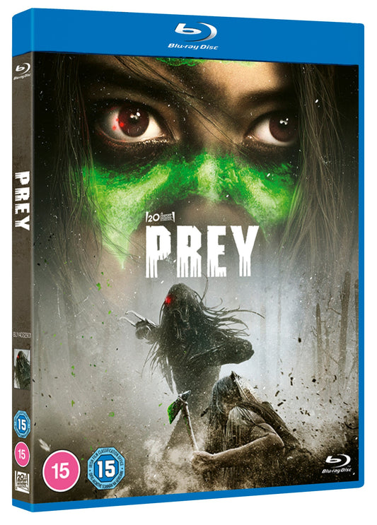 Blu-ray cover for "Prey" featuring a close-up of intense eyes and a predator.