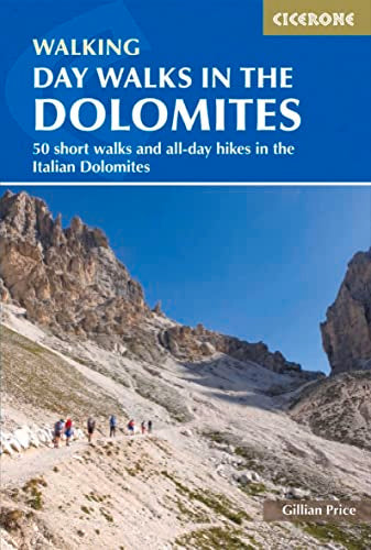 Book cover titled Day Walks in the Dolomites featuring hikers on a mountain trail.
