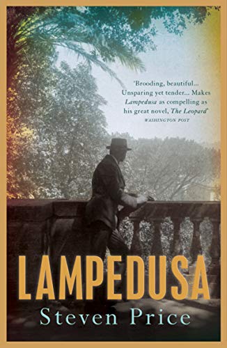 Book cover: man in suit overlooks landscape, title “Lampedusa” in large text.