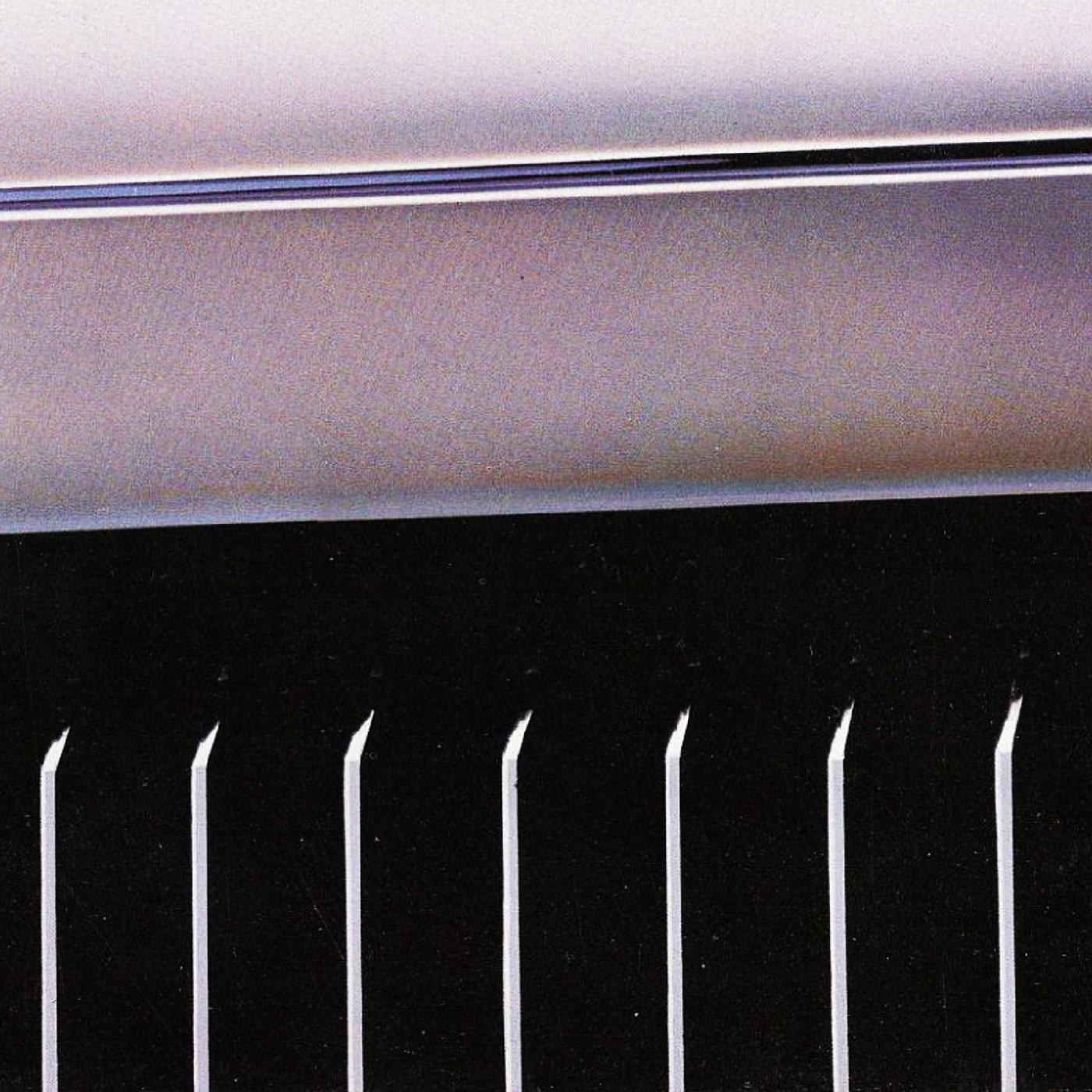 Close-up of a metallic car body panel above a black grille with vertical slats.