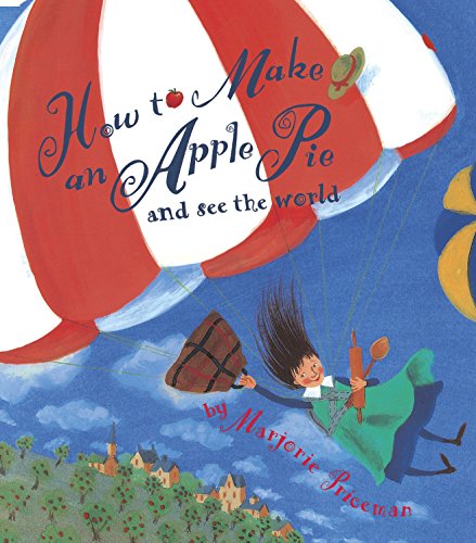 Book cover: girl floating with apple pie over a town.