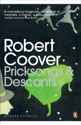 Book cover: "Pricksongs & Descants" by Robert Coover, with abstract green shapes.