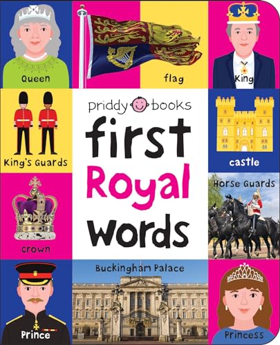 Colorful children’s book cover featuring royal imagery: Queen, flag, castle, and guards.