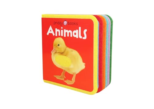 Felt book with a duckling on a red cover, titled “Animals”.