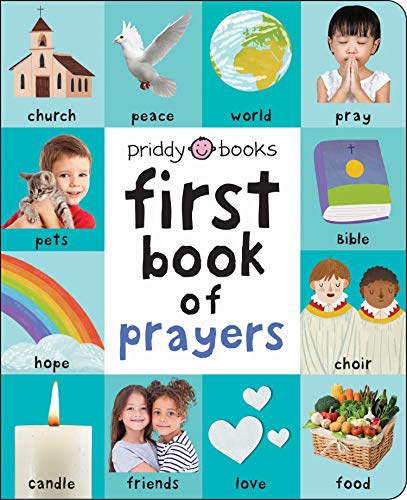 Cover of First Book of Prayers featuring illustrations and photos with corresponding word labels.