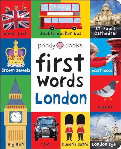 A grid of London-themed images and labels on a First Words London book cover.