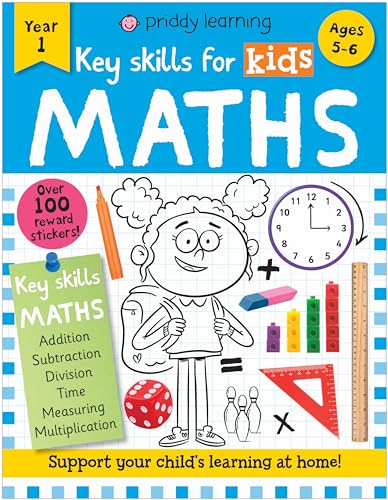Key Skills for Kids: Maths" book cover with a girl, clock, and math tools.