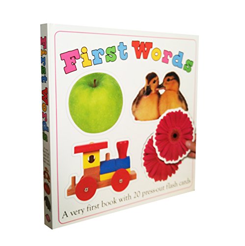 First Words flashcard book featuring illustrations of an apple, ducklings, a train, and flowers.