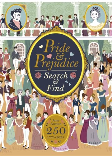 “Pride and Prejudice” search and find book cover with illustrated Regency era scene.