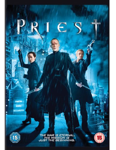 "Blu-ray case cover for 'Priest' with three figures holding swords, dark cityscape background."