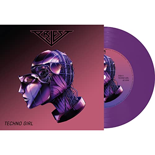 Purple vinyl record with cover art of a robotic-faced woman in a helmet.