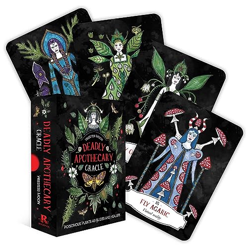 Deadly Apothecary Oracle card deck box and four illustrated cards featuring botanical figures.