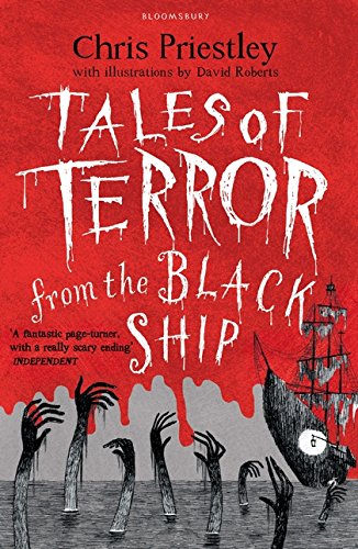 Red book cover with spooky lettering, skeletal hands, and a ship illustration.