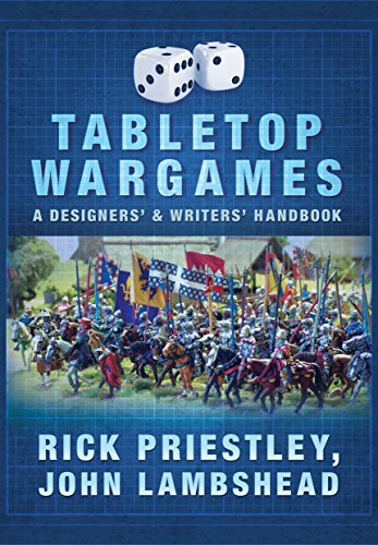 Book cover showing two dice above a miniature medieval cavalry battle scene on grid background.