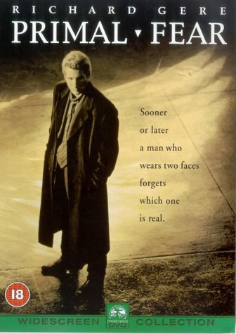 DVD cover for Primal Fear featuring Richard Gere in a long coat on gold background.