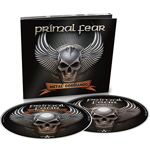 "CD case and two discs with skull and wings design, titled 'Primal Fear - Metal Commando'."