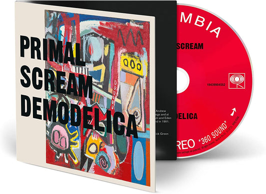 Primal Scream "Demodelica" CD cover, abstract colorful painting with bold text.