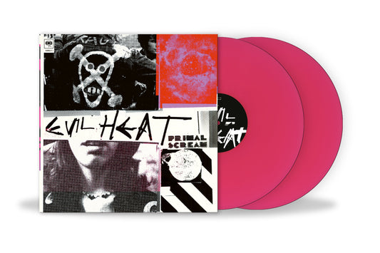 Primal Scream Evil Heat album cover with two pink vinyl records on white background.