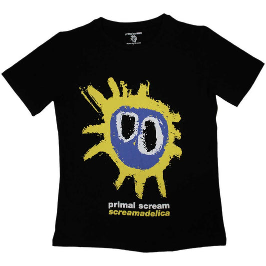 Ladies' black t-shirt featuring artwork from Primal Scream’s *Screamadelica* album.