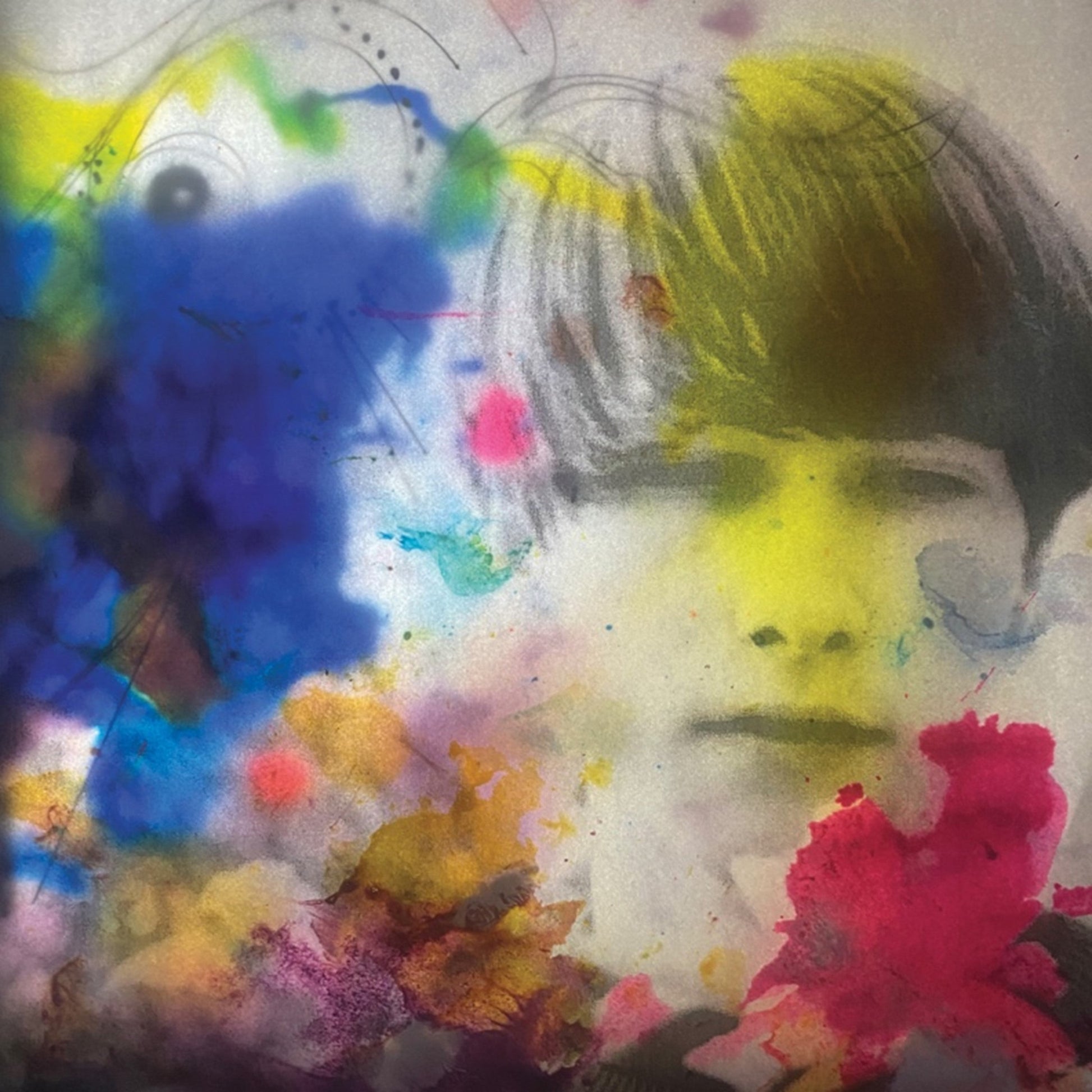 Abstract portrait of a man with colorful paint splatters and textures.
