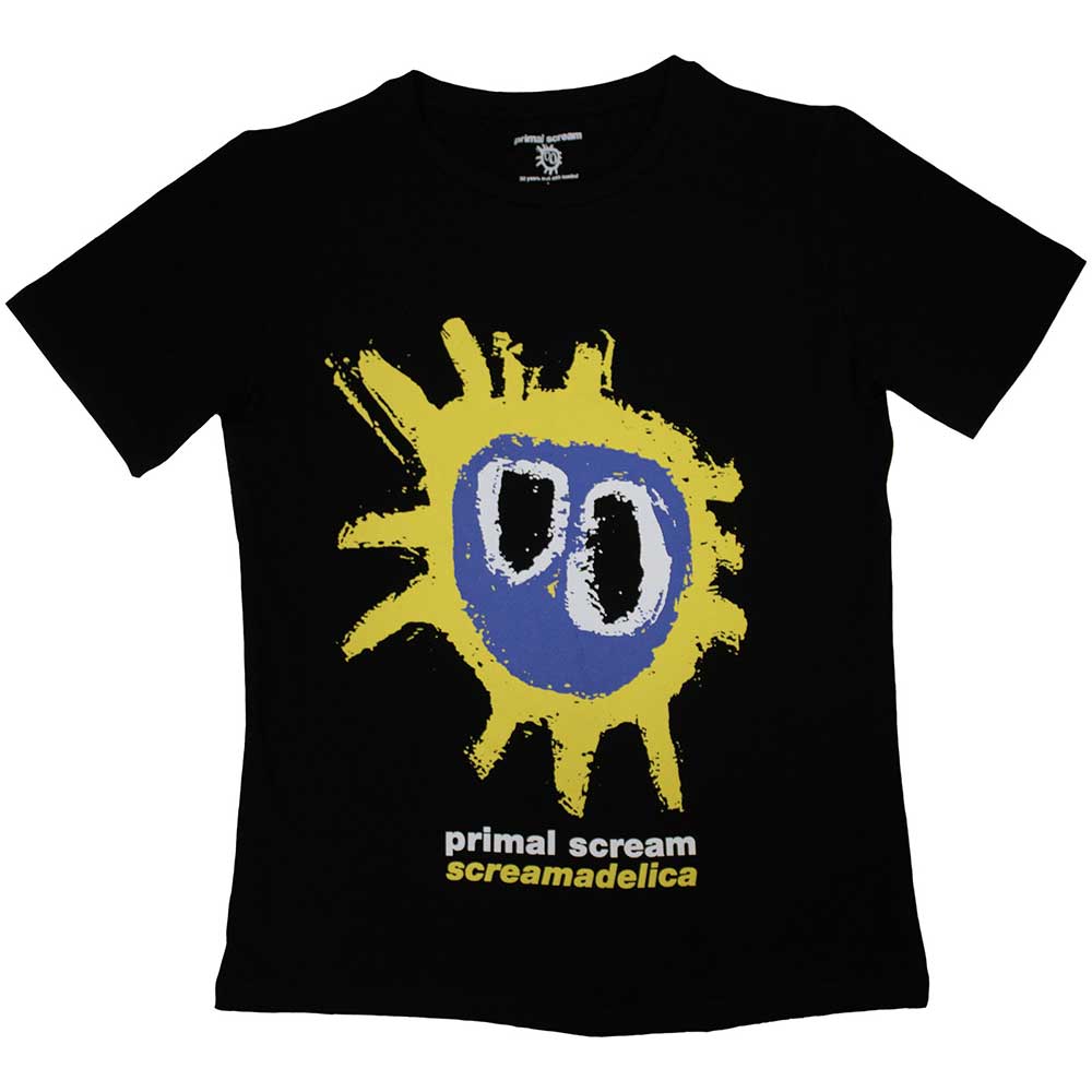 Ladies' black t-shirt featuring artwork from Primal Scream’s *Screamadelica* album.
