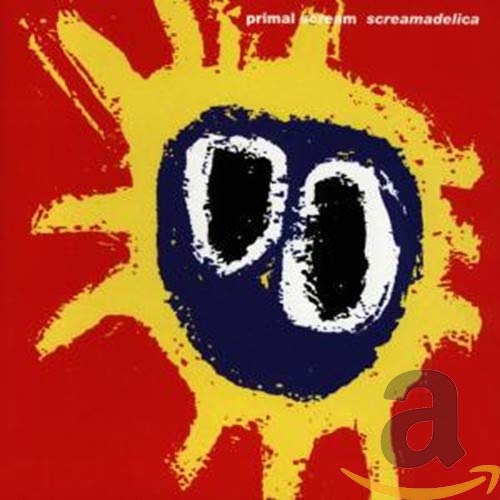 Album cover with a stylized yellow sun and dark blue face on red background.