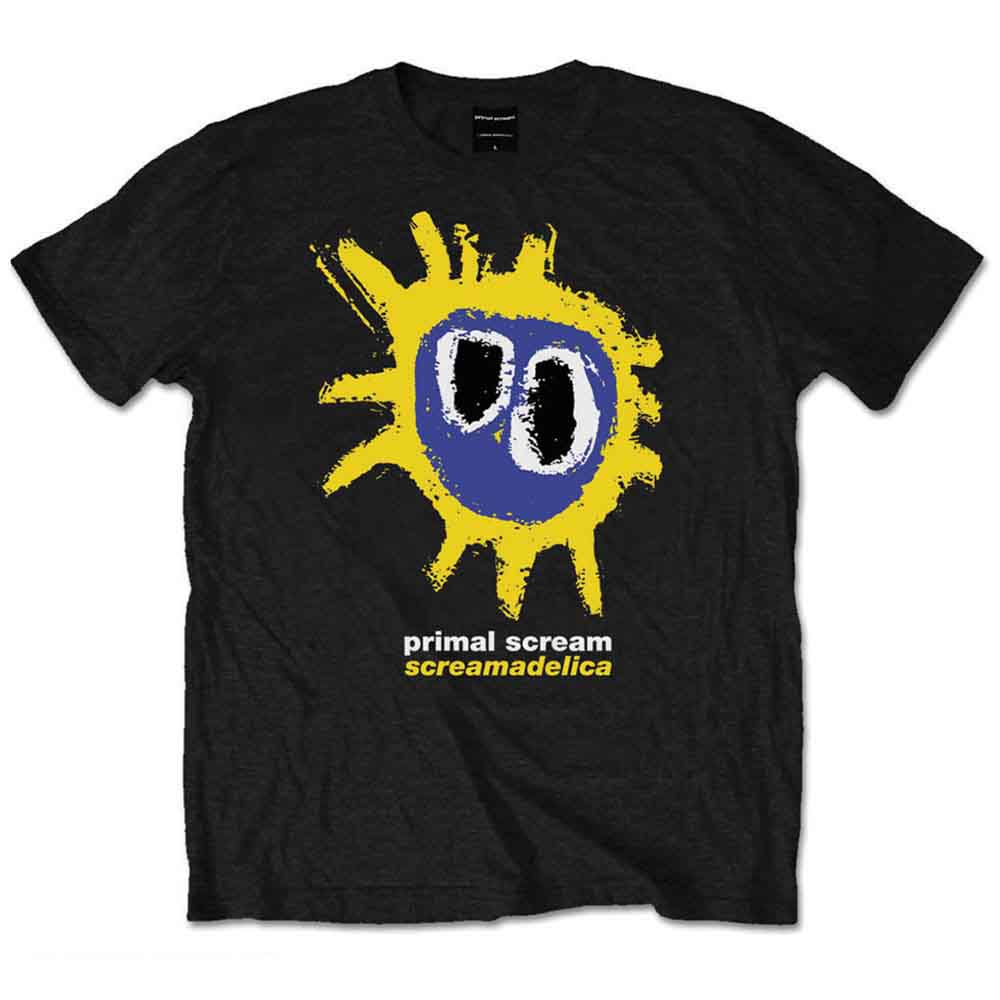 Man wearing a black t-shirt with a yellow and blue sun graphic.